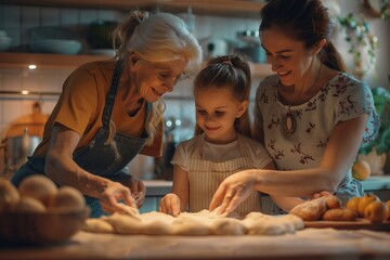 Three Generations Baking Together in the Kitchen