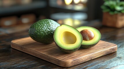 Fresh Avocado Halves on Wooden Cutting Board in Kitchen Setting with Blurred Background