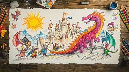 Charming Child's Artwork of Medieval Knights and Dragon in a Castle, Radiant Sun and Wooden Table Setting, Embracing Simplistic Fantasy World