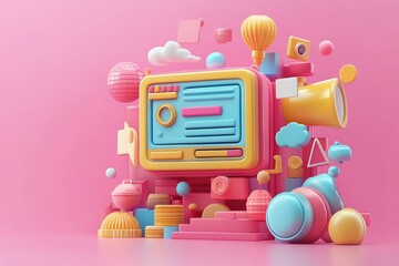 Aufkleber - Colorful 3D Render of Geometric Shapes with a Computer Screen.