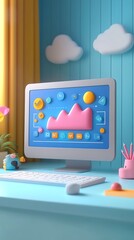 Aufkleber - Computer desktop with cute cartoon icons on screen.