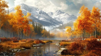 Wall Mural - portrait of forest and river in autumn in the afternoon