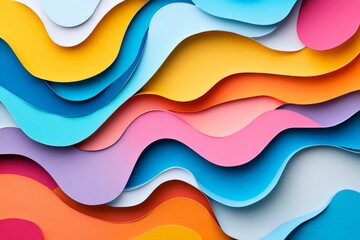 Wall Mural - Abstract colorful layered paper art with fluid curves and waves in vibrant shades of yellow, blue, pink, and orange creating a dynamic pattern.