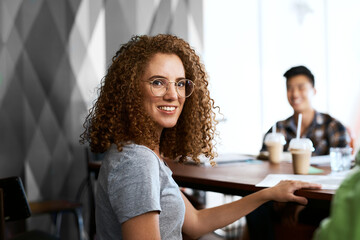 Poster - Woman, smile and portrait at startup, meeting or pride for career with business people at company. Person, employee and happy in workplace with colleagues, confident or job at design agency in Canada
