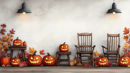 Wall Mural - Inviting front porch with glowing jack-o'-lanterns arranged alongside rustic wooden chairs and colorful autumn leaves