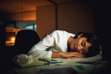 Aufkleber - Asian woman, office and tired with sleeping at night on computer with overtime and deadline for project. Female person, business and exhausted with burnout or nap on desk for research and task