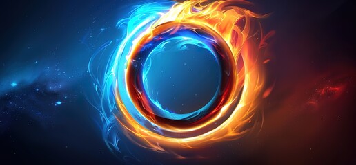 Wall Mural - Abstract illustration of a fiery ring with blue flames. It represents the duality of fire and ice or opposing forces.