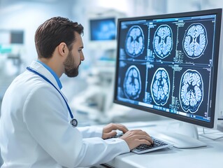 Aufkleber - Doctor examining brain scan on computer.