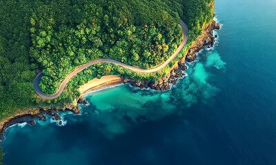 Wall Mural - An aerial view of a winding road along a tropical coastline, with lush green vegetation and sparkling turquoise water.