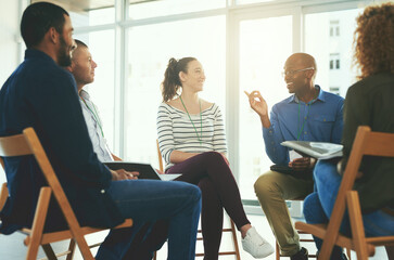 Poster - Meeting, startup office and business people in circle for workshop, staff counselling and teamwork. Creative company, collaboration men and women in discussion for planning, feedback and cooperation