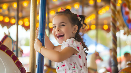 A young girl laughing while riding a brightly lit carousel, surrounded by vibrant colors and a joyful atmosphere.