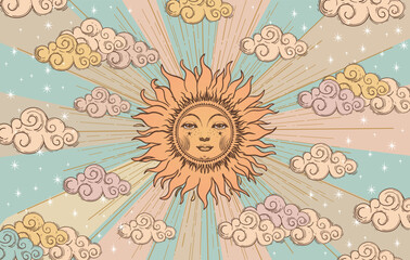 mystical celestial astrological banner sun with face, solar eclipse, vector esoteric zodiac poster, 