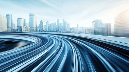 Wall Mural - Highway overpass motion blur effect with modern city skyline background