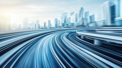 Wall Mural - Highway overpass motion blur effect with modern city skyline background