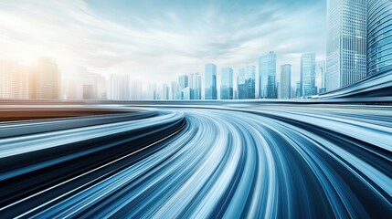 Highway overpass motion blur effect with modern city skyline background