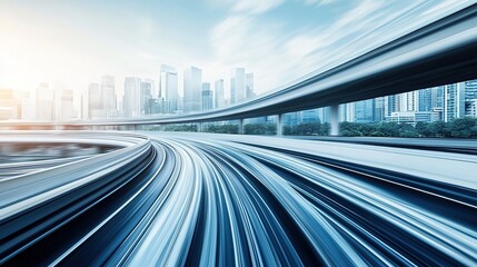 Wall Mural - Highway overpass motion blur effect with modern city skyline background