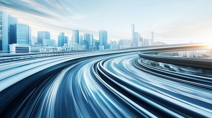 Wall Mural - Highway overpass motion blur effect with modern city skyline background