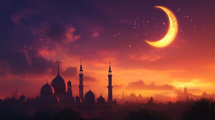 Wall Mural - Crescent Moon Over a Cityscape of Mosques