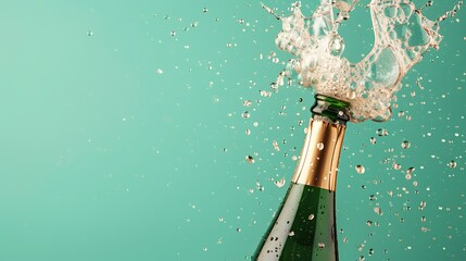 Closeup of champagne bottle with sparkling bubbles on a turquoise background.