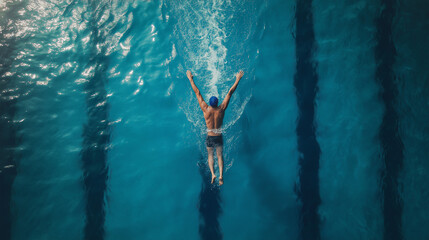 Swimmer diving into a pool during a training session in an indoor facility