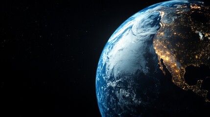 Poster - Earth's crescent with North America at night with city lights glowing.