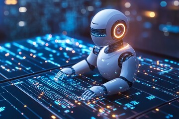 Fototapete - Futuristic AI Robot Working on a Computer with Digital Interface.