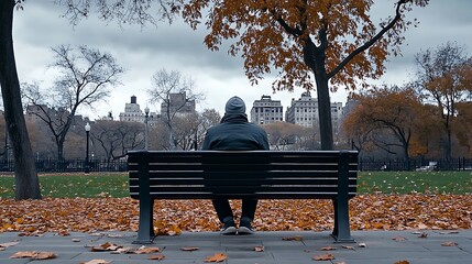 Wall Mural - Despondent person sitting alone on a bench in a city park, distant look, autumn leaves scattered, overcast lighting, soft shadows, more clarity with clear light and sharp focus, high detailed