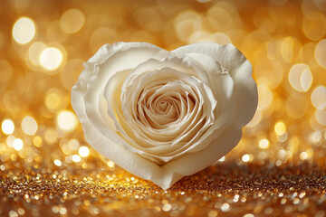 Heart-Shaped White Rose on Golden Glitter, Symbol of Love and Elegance