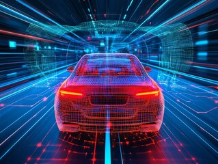 Aufkleber - Futuristic car driving through a digital tunnel.