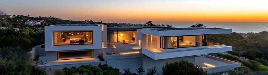 Wall Mural - aerial view of a modern smart home exterior at dusk, lights turning on automatically, sleek architec