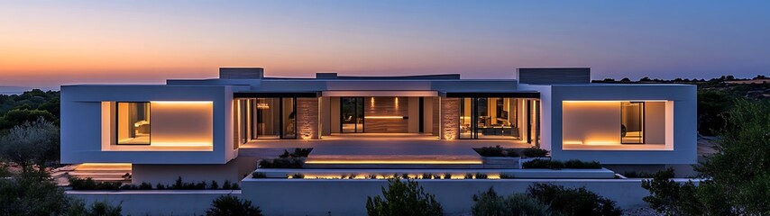 Wall Mural - Aerial view of a modern smart home exterior at dusk, lights turning on automatically, sleek architectural lines, sunset sky, more clarity with clear light and sharp focus, high detailed