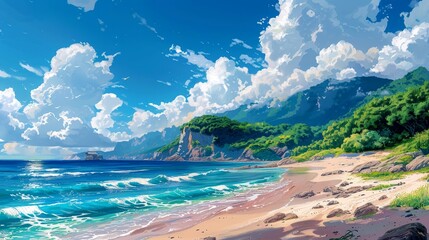 Wall Mural - A picturesque beach featuring warm sand, calm ocean waves, and a sunny sky, ideal for a day of leisure and enjoyment.