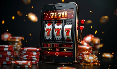 Banner of mobile online casino application with 777 big win slot machine. Poster with online mobile app casino and Jackpot 777, Generative AI