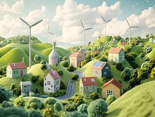 Wall Mural - A small self sustaining village nestled in rolling green hills powered entirely by wind turbines and solar panels showcasing a harmonious of renewable energy technology within an idyllic