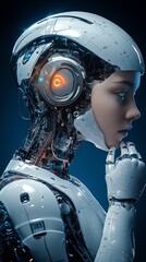 Aufkleber - Futuristic female android with glowing eyes and mechanical head.