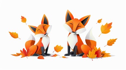 Wall Mural - Experience the charm of autumn with unique fox sculptures made from fallen leaves, glowing in the enchanting forest light.