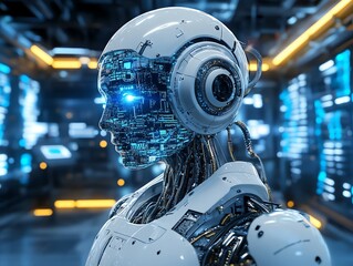 Aufkleber - Futuristic humanoid robot with glowing digital interface.