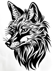 Wall Mural - A black and white drawing of a fox with a very long mane. The fox has a very fierce look on its face