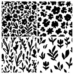 Wall Mural - Abstract Black, White Floral Pattern with Ink Hand Drawn Flowers. Monochrome Freehand Ditsy Chamomile, Peony, Rose, Bloom Wallpaper. Pretty Brush Stroke Flower Seamless Pattern. Tropical Foliage Print