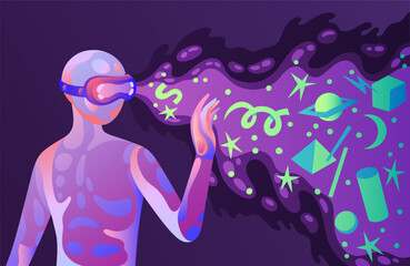 Poster - Virtual reality. Woman character in VR glasses. Abstract light girl and digital mobile technologies. Cyberpunk simulator. Augmented visual experience. Vector modern cyberspace background