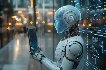 Fototapete - Futuristic Robot Analyzing Data on Tablet.