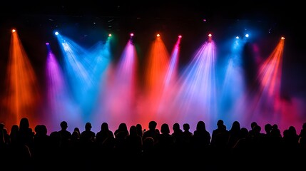 Silhouettes of a Crowd in Front of Colorful Stage Lights