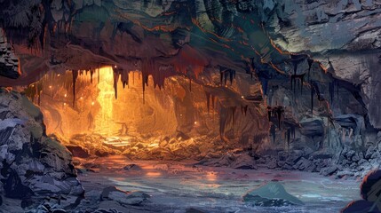 An illustration depicting a cave with a bright light emanating from its entrance