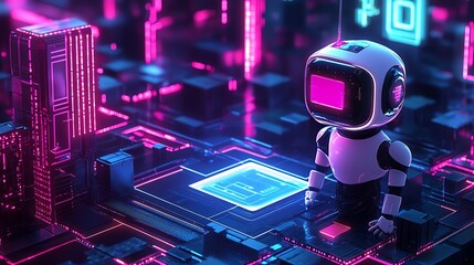 Poster - Futuristic robot exploring a neon cityscape.