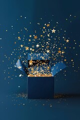 Open blue gift box with golden stars exploding on a dark background.