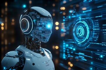 Fototapete - Futuristic Robot Head with Blue Glowing Lines.