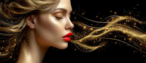 Wall Mural - A woman with long blonde hair and red lips is blowing out a stream of gold glitter. Concept of glamour and luxury, as the glitter adds a touch of sparkle and sophistication to the woman's appearance