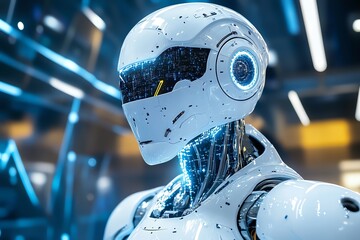 Aufkleber - Futuristic robot head with glowing blue lights.