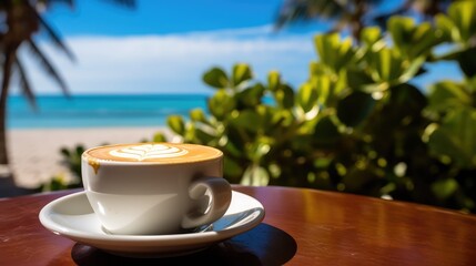 frothy coffee on the beach