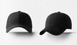 © Raool - Set of black front and side view hat baseball cap on white background cutout file. Mockup template for artwork graphic design, Generative AI